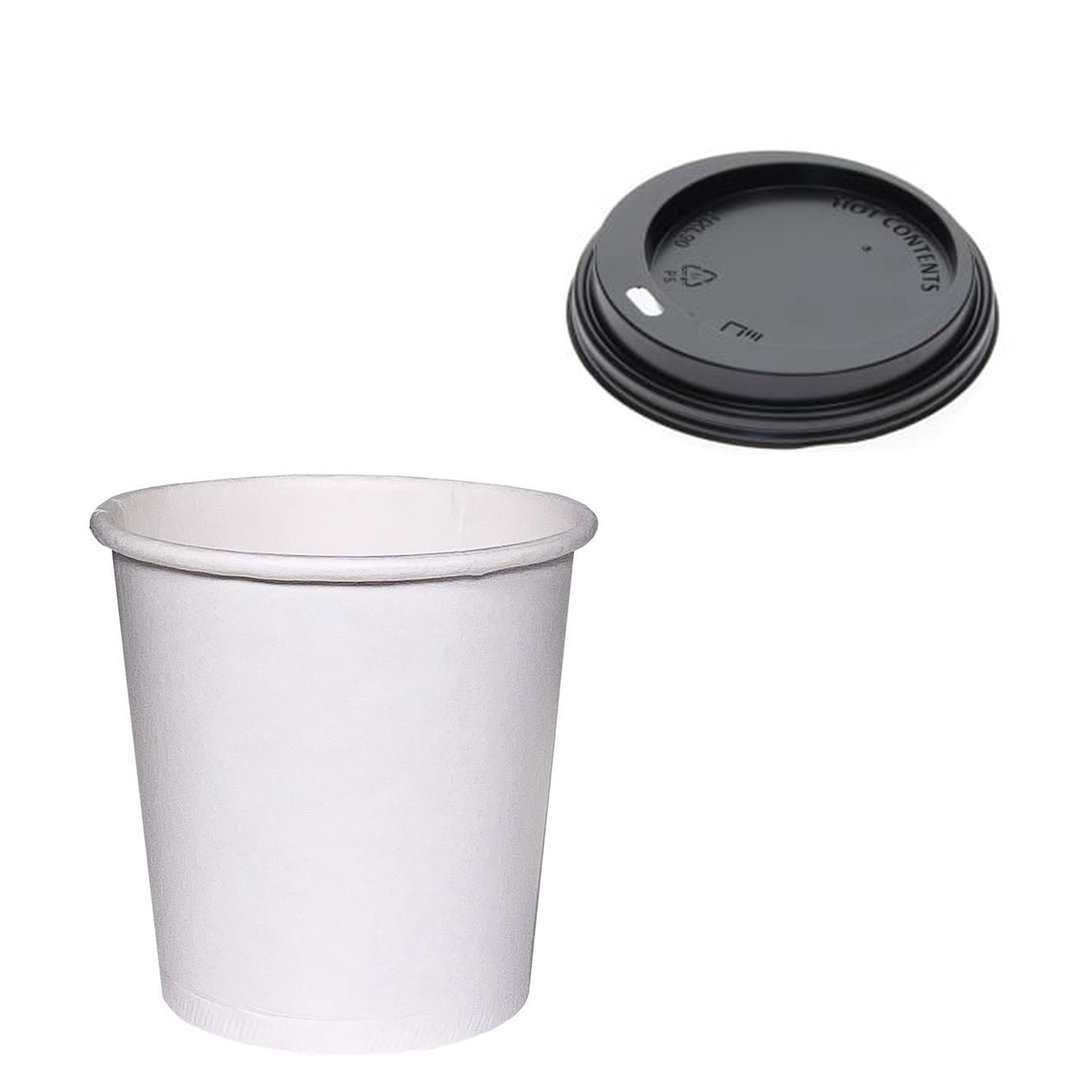 Verre en Carton Café Vending 110ml (4Oz) Blanc avec Couvercle Noir “To Go”  - Paquet 50 unités