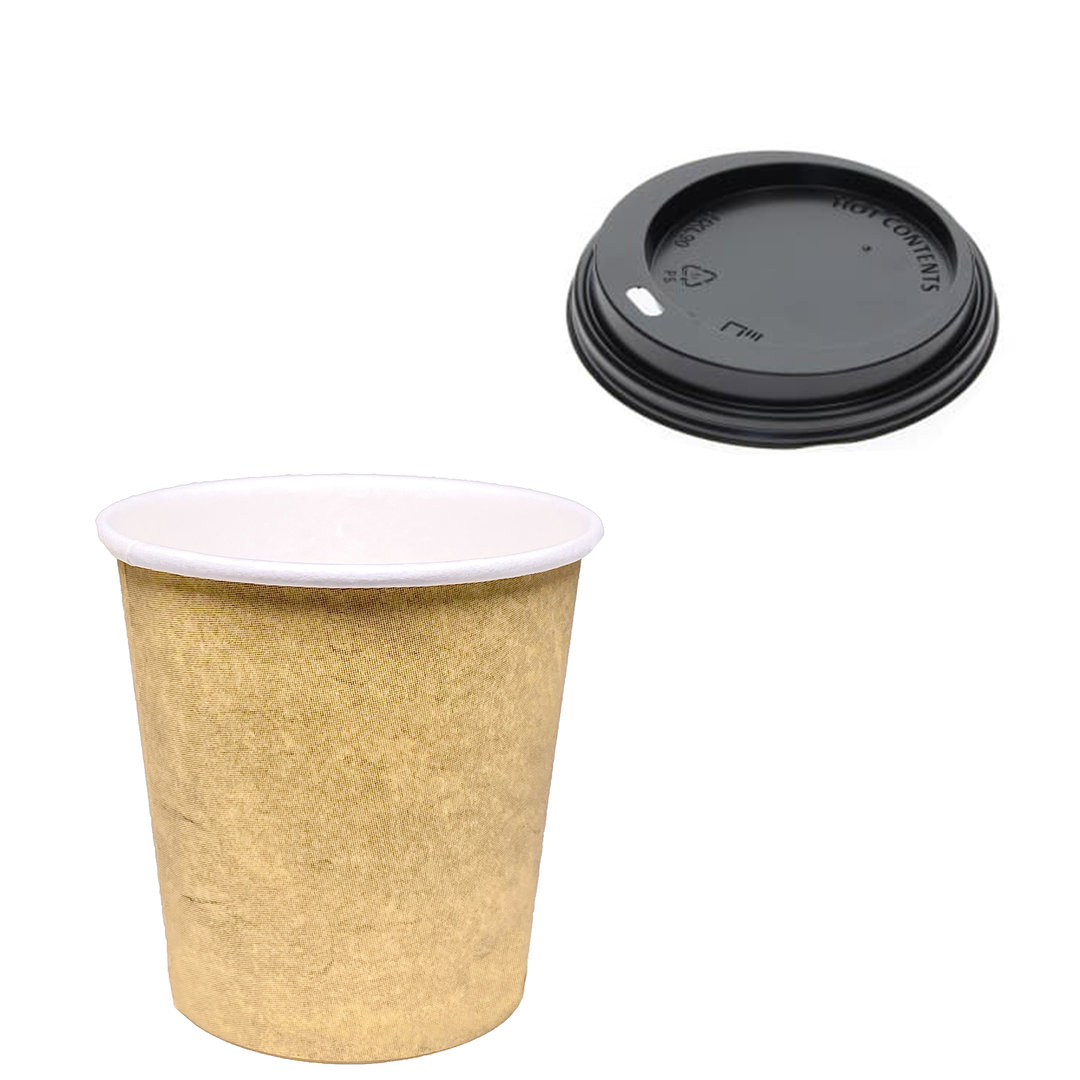 Paper Cups Coffe Vending 110ml (4Oz) Kraft w/ Black Lid “To Go” - Box of 3000 units