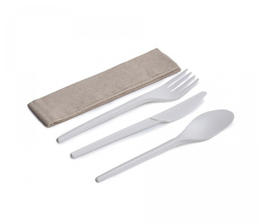 KIT- Tenedor + Cuchillo + Cuchara  C/Servilleta Bio CPLA 168mm