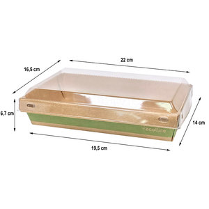 Caja / Ensaladera de cartón rectangular Kraft c/ tapa PET 2100ml - Caja completa 200 unidades