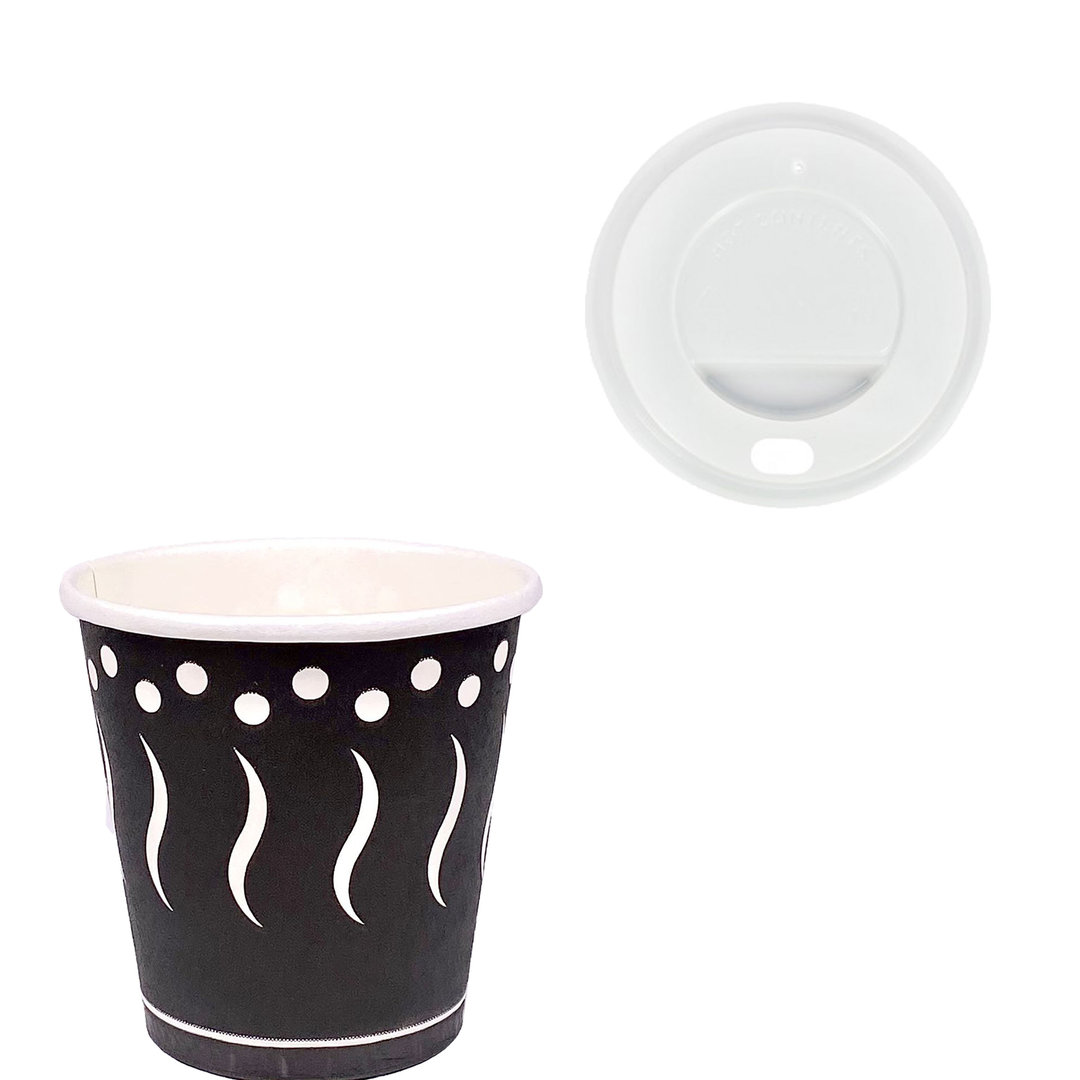 Vaso Cartón Impreso Negro 120ml (4Oz) c/Cubierta ToGo Blanca - Caja Completa 1000 unidades